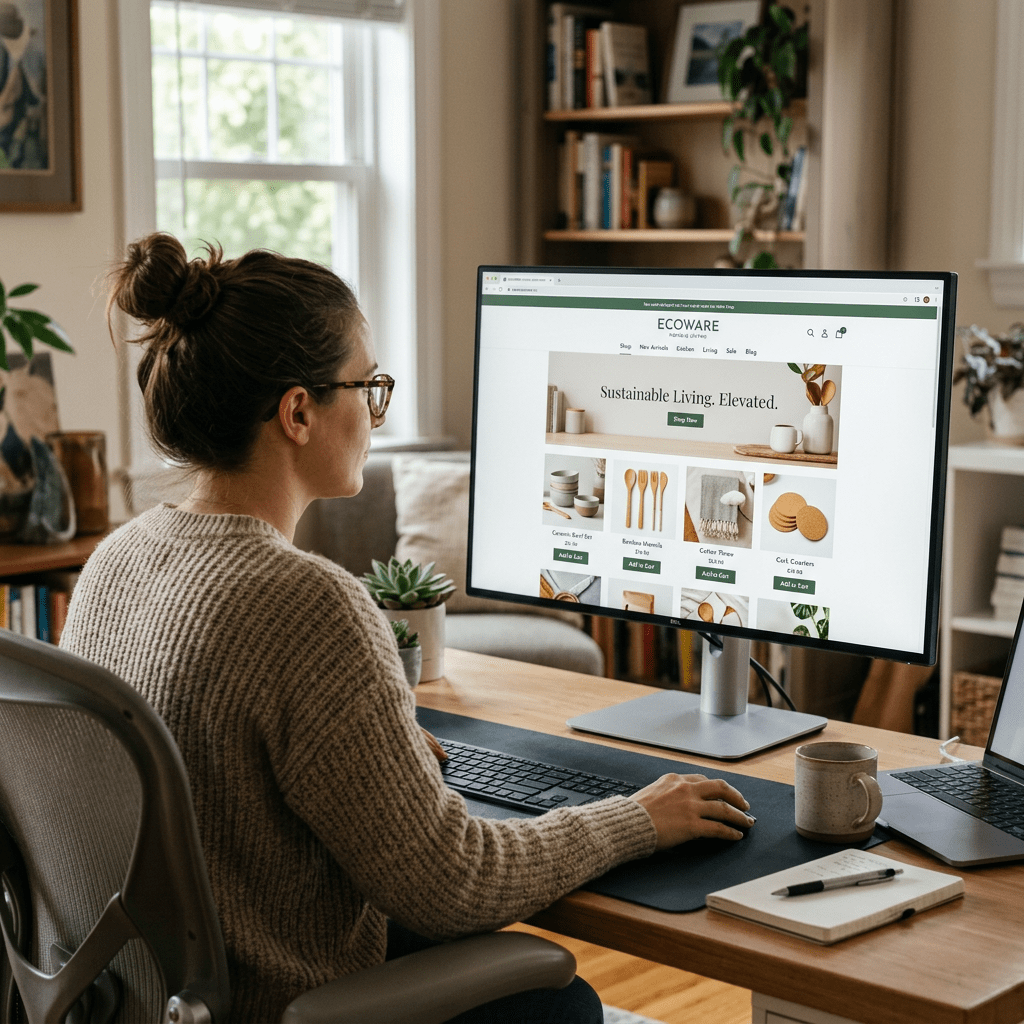 Woman sitting at desk browsing eco-friendly product website on computer