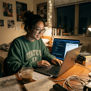 Student in green sweatshirt coding a website on laptop at a desk with books and notes